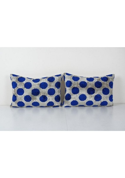 Mavi Puantiye Desenli Renkli Kadife Ikat Yastık Kılıfı (Içliksizdir)