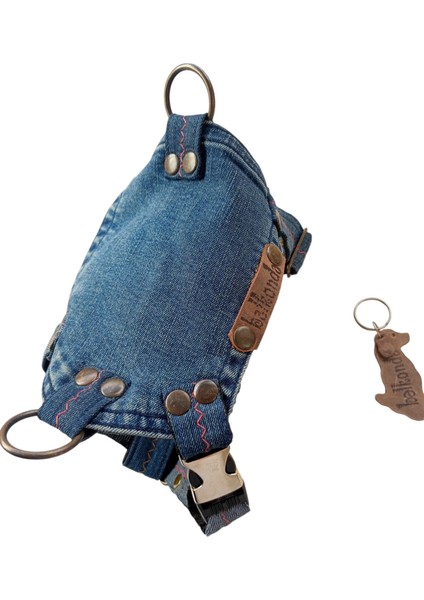 Köpek göğüs tasması minik ırk mavi eskitme kot cepli antik metal zımbalı göğüs ölçüsü:18-40 cm ayarlamalı dog harness GT2-20