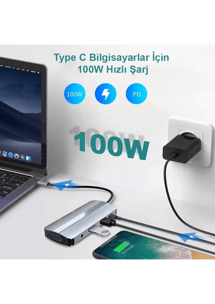 FXN-2105 8 In 1  USB C Type C  4K Hd HDMI VGA USB 3.0 Aux Ses Sd Tf Kart Okuyucu Hub Çevirici