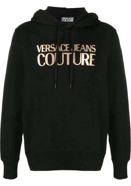 Jeans Couture Gold Logo Printed Siyah Kapüşonlu Sweatshirt