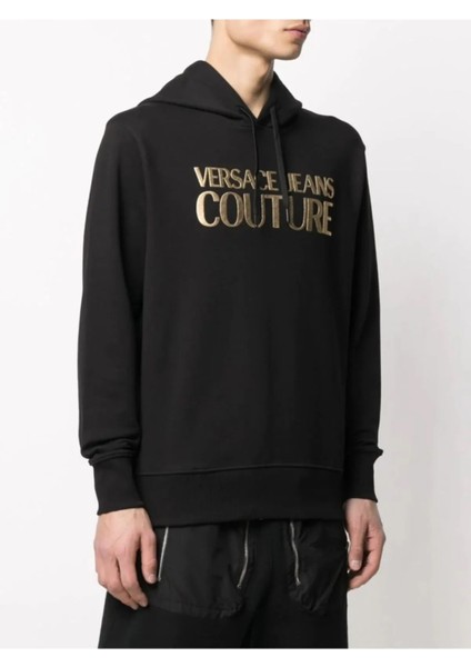 Jeans Couture Gold Logo Printed Siyah Kapüşonlu Sweatshirt