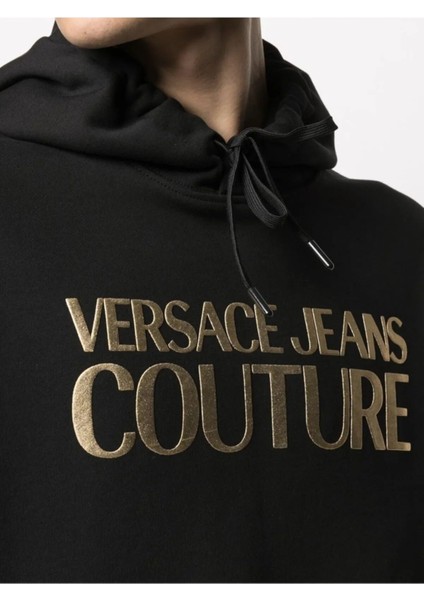 Jeans Couture Gold Logo Printed Siyah Kapüşonlu Sweatshirt