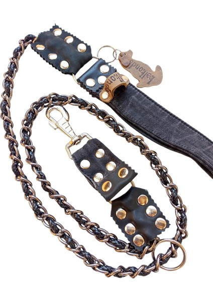 Köpek Gezdirme tasması zincirli füme kot siyah hakiki deri zımbalı püsküllü model uzunluk:130cm dog leash B5-14