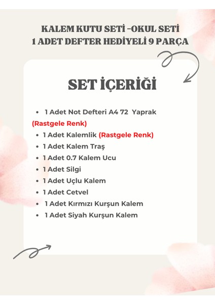 Kalem Kutu Seti -Okul Seti 1 Adet Defter Hediyeli 8 Parça