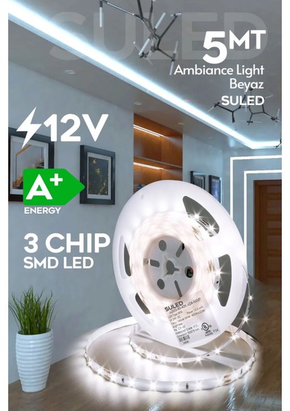 Şerit LED 5 Metre 3 Çipli Pro Ambiyans Aydınlatma Mutfak Salon Yatak Odası Şerit LED Işık