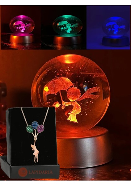 Küçük Prens 3D Renkli Işıklı Cam Küre Hediyelik ve Uçan Balonlu Kız Kolye