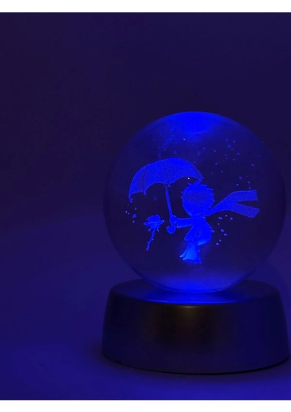 Küçük Prens 3D Renkli Işıklı Cam Küre Hediyelik ve Uçan Balonlu Kız Kolye