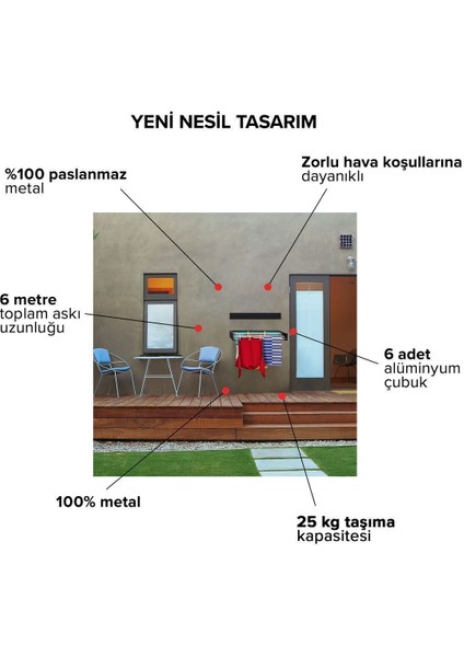 Tekno Trust Belize 100 cm 6 Sıra Katlanabilir Çamaşır Kurutma Askısı - Duvara Monte, 20 kg Kapasite, Paslanmaz