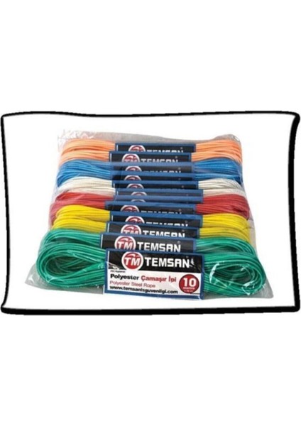Yeşil, sarı, mavi, kırmızı renklerde 10 m PVC kaplı polyester çelik ip