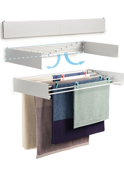 Beyaz Açılır Kapanır Çamaşır Kurutma Rafı 102 cm, Paslanmaz Çelik, Duvara Monte