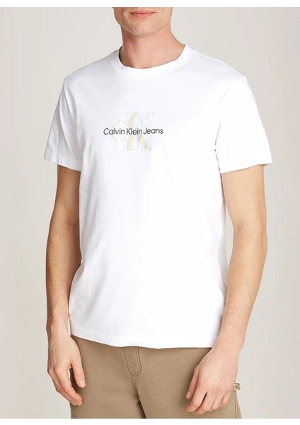 Bisiklet Yaka Baskılı Beyaz Erkek T-Shirt J30J326863YAF Dıstressed Monologo