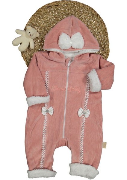 Nehad 247957 Kız Bebek Dantelli Fiyonklu Kadife Welsoft Pudra Tulum