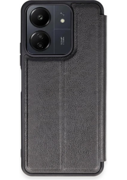 Denza Case Xiaomi Redmi 13C Kılıf Içi Süet Kartvizitli Standlı Kapak - Siyah + Ekran Koruyucu