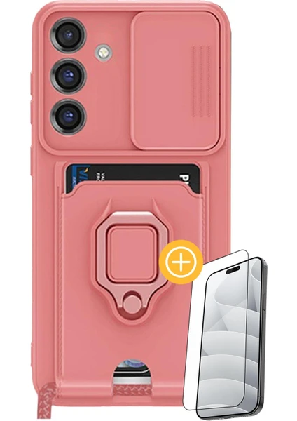 Denza Case Samsung Galaxy A55 Kılıf Kartvizitli Askılı Standlı Kapak - Pembe + Ekran Koruyucu