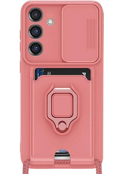 Samsung Galaxy A55 Kılıf Kartvizitli Askılı Standlı Kapak - Pembe + Ekran Koruyucu