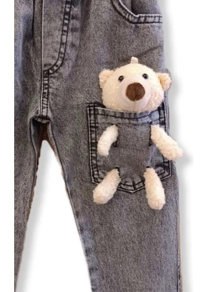 Peluş Oyuncak Ayıcıklı Pamuklu Beli Lastikli Cepli Antrasit Kız ve Erkek Çocuk Kot Pantolon