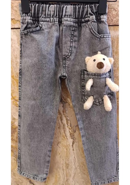 Peluş Oyuncak Ayıcıklı Pamuklu Beli Lastikli Cepli Antrasit Kız ve Erkek Çocuk Kot Pantolon