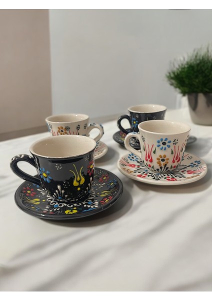 Dekoratif 4 Kişilik Şık Lale Çini Tasarımlı Tamamen El Yapımı Kahve Fincan Seti