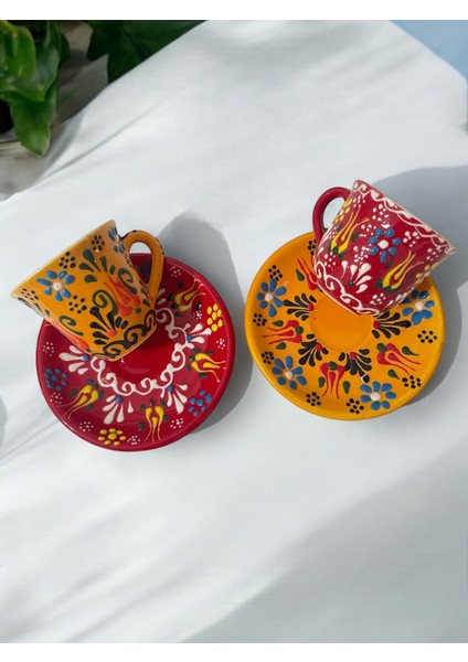 Dekoratif 2 Kişilik Şık Lale Çini Tasarımlı Tamamen El Yapımı Kahve Fincan Seti