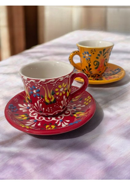 Dekoratif 2 Kişilik Şık Lale Çini Tasarımlı Tamamen El Yapımı Kahve Fincan Seti