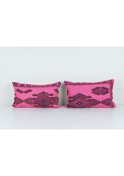 Set Pembe Renkli Geometrik El Dokuma Kilim Kırlent Kılıf 35 x 60 cm