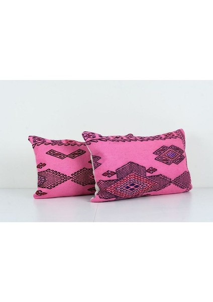 Set Pembe Renkli Geometrik El Dokuma Kilim Kırlent Kılıf 35 x 60 cm fiyatları