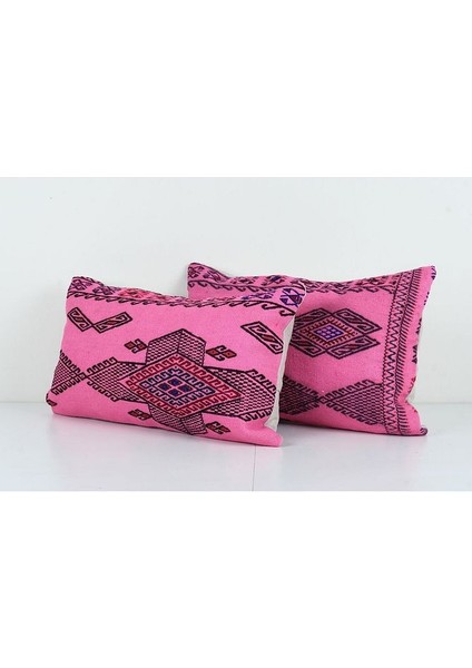 Set Pembe Renkli Geometrik El Dokuma Kilim Kırlent Kılıf 35 x 60 cm modelleri