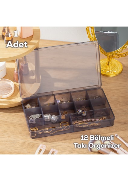 ORG-601 Çok Amaçlı Bölmeli Şeffaf Kutu Organizer Kapaklı Boncuk Takı Kutusu Takı Düzenleyici Antrasit