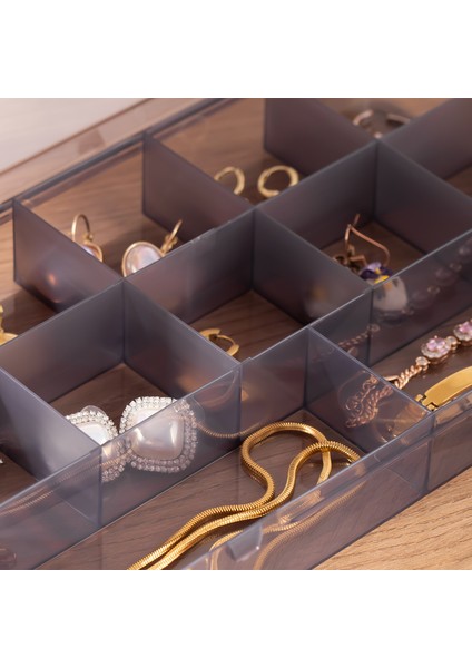 ORG-601 Çok Amaçlı Bölmeli Şeffaf Kutu Organizer Kapaklı Boncuk Takı Kutusu Takı Düzenleyici Antrasit fiyatları