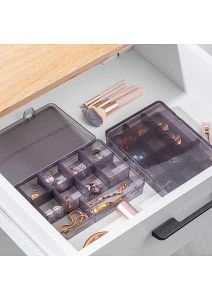 ORG-601 Çok Amaçlı Bölmeli Şeffaf Kutu Organizer Kapaklı Boncuk Takı Kutusu Takı Düzenleyici Antrasit modelleri