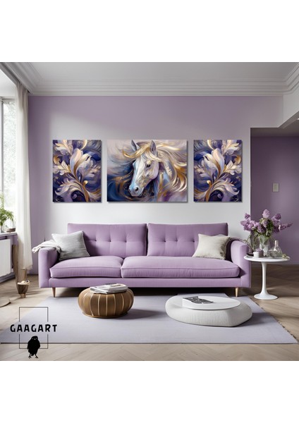 3lü Kanvas Şık Salon Duvar Tablosu Modern Soyut Mor Gold At