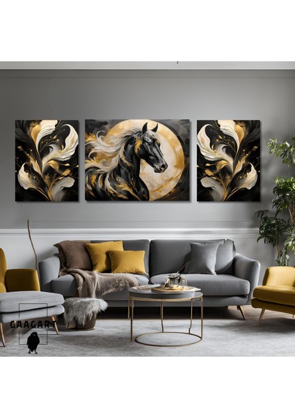 3lü Kanvas Şık Salon Duvar Tablosu Modern Soyut Siyah Gold At