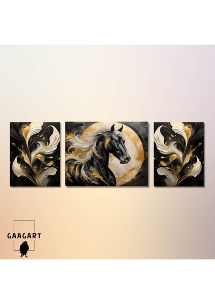 3lü Kanvas Şık Salon Duvar Tablosu Modern Soyut Siyah Gold At