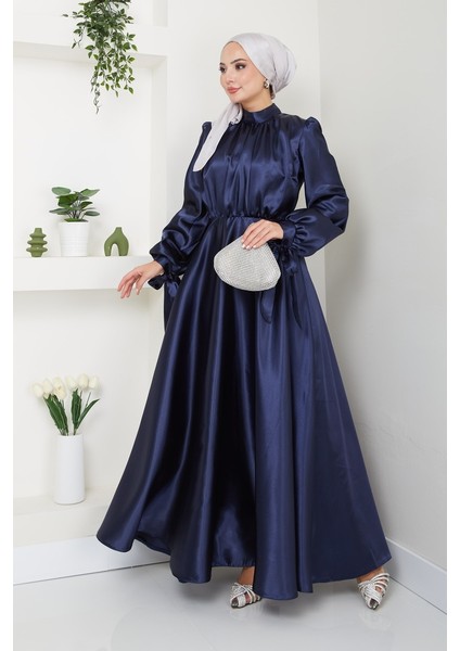 Kadın Giyim Moda Tesettür Saten Uzun Abiye Elbise 2746