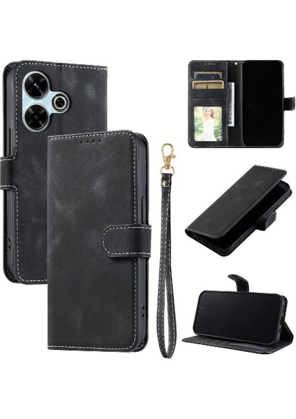 Xiaomi Poco M6 4g Manyetik Kickstand Bilek Kayışı Pu Deri Için Flip Case (Yurt Dışından)