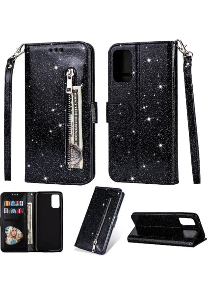 Samsung Galaxy Zipper 5g Kart Tutucu Için Fermuarlı Cebi Durumda Glitter Cüzdan Pu (Yurt Dışından)