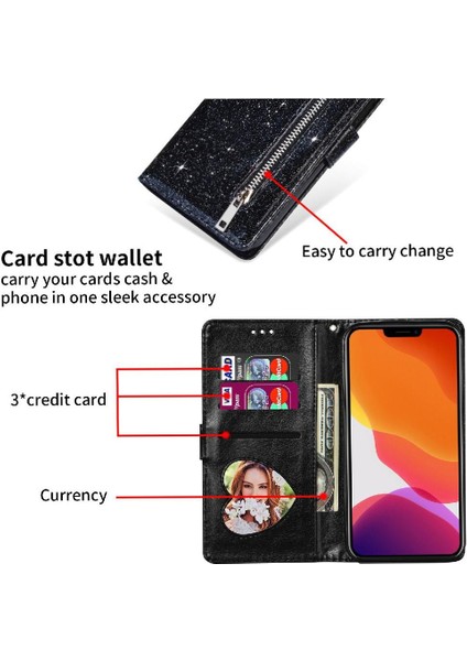 IPhone 13 Pro Için Fermuar Cep Durumda Pu Deri Bilek Kayışı Glitter Cüzdan (Yurt Dışından) indirimleri