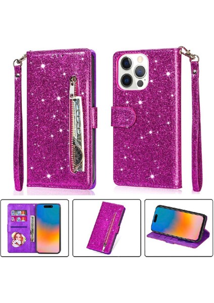 IPhone 15 Pro Pu Deri Manyetik Kapatma Glitter Için Fermuarlı Cebi Durumda (Yurt Dışından)