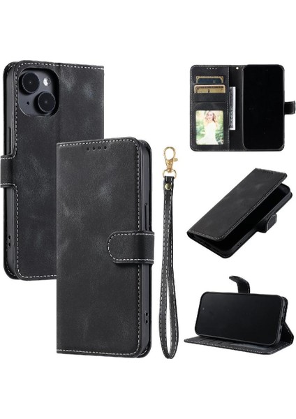 IPhone 15 Için Flip Case Artı Cüzdan Kart Yuvaları Kickstand Bilek Kayışı Pu (Yurt Dışından)