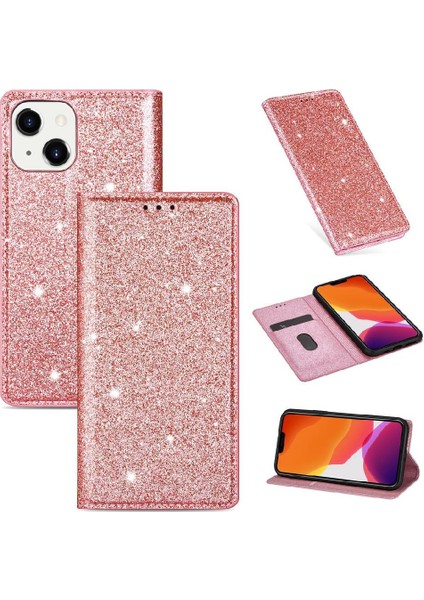IPhone 14 Artı Pu Deri Manyetik Kapatma Kartı Için Glitter Flip Case (Yurt Dışından)