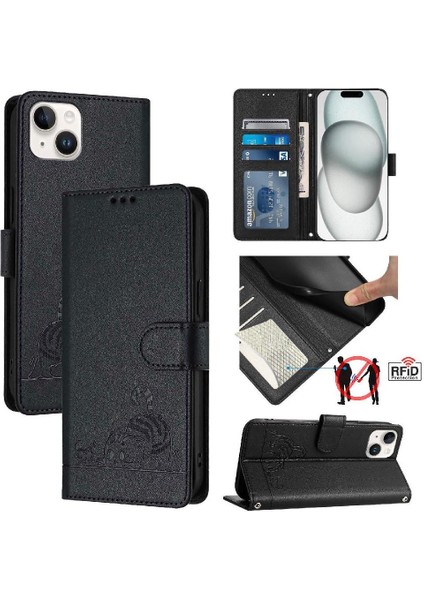 IPhone 15 Için Kılıf Artı Kart Yuvası Tutucu Kickstand Kedi Rfıd Cüzdan Flip (Yurt Dışından)