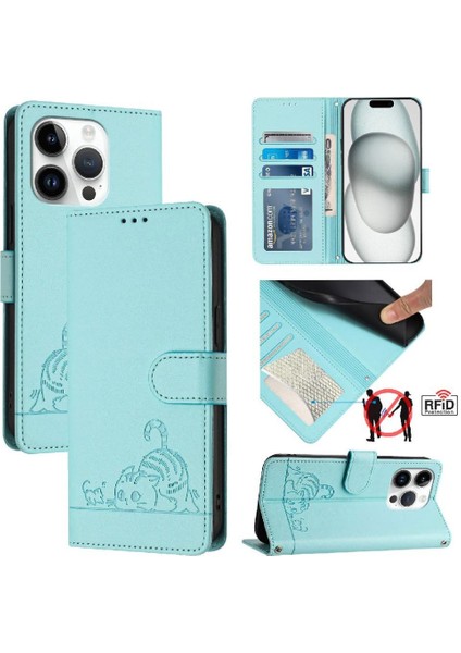 IPhone 14 Için Kılıf Pro Kedi Rfıd Cüzdan Kapak Çevirin Kart Yuvası Tutucu (Yurt Dışından)