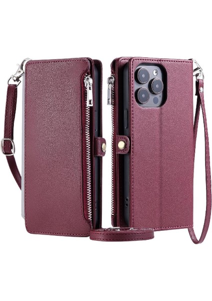 Crossbody Durumda IPhone 15 Pro Max Uzun Kordon 9 Kart Yuvaları Fermuar Yuvası (Yurt Dışından)