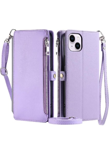 IPhone 14 Için Crossbody Durumda Rfıd Engelleme Uzun Kordon Fermuar Faturaları Yuvası (Yurt Dışından)