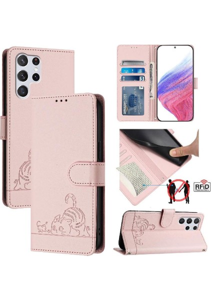 Samsung Galaxy S22 Ultra Kedi Rfıd Kart Yuvası Tutucu Kickstand Flip (Yurt Dışından)