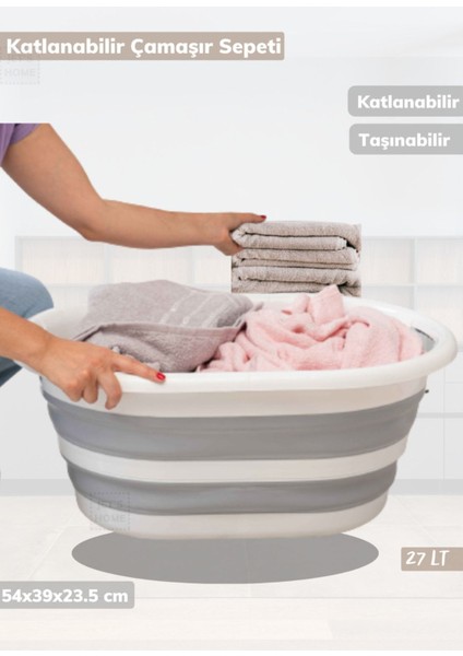 Katlanabilir 27L gri plastik çamaşır sepeti rahat ve şık tasarım