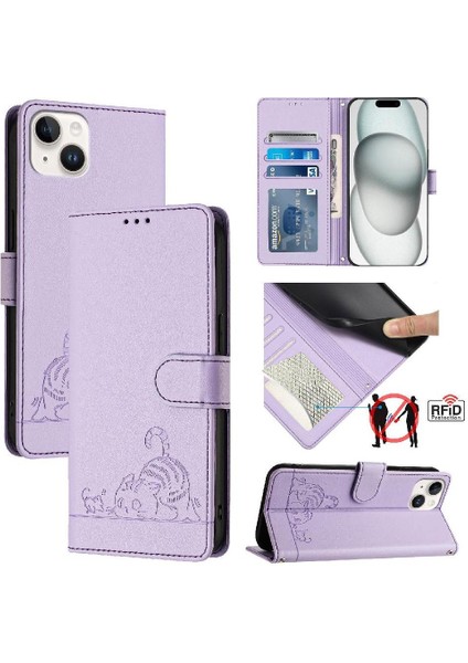 IPhone 15 Için Kılıf Artı Kart Yuvası Tutucu Kickstand Kedi Rfıd Cüzdan Flip (Yurt Dışından)