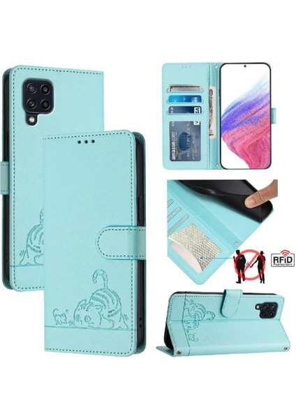 Samsung Galaxy M22 Kedi Rfıd Kart Yuvası Tutucu Kickstand Cüzdan (Yurt Dışından)