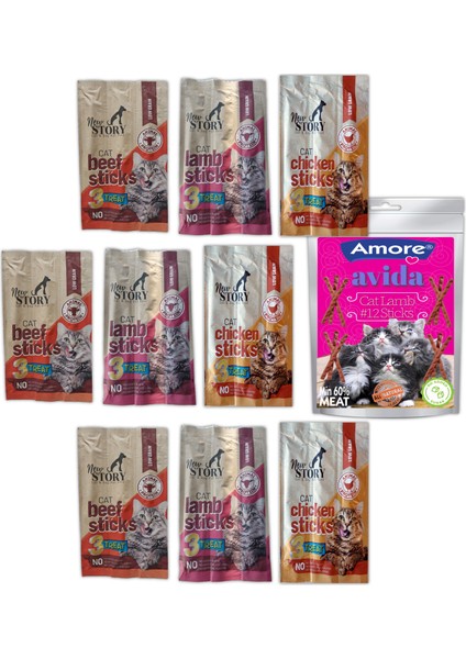 Avida 12'li Kuzu New Story Mix Stick Kedi 9 Paket 3 x 5 gr Ödül Çubukları Maması