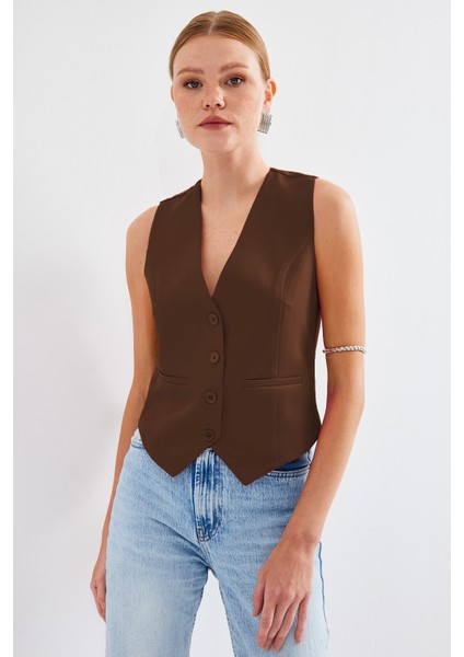6796 Kısa Dokuma Yelek - Kahverengi fiyatları